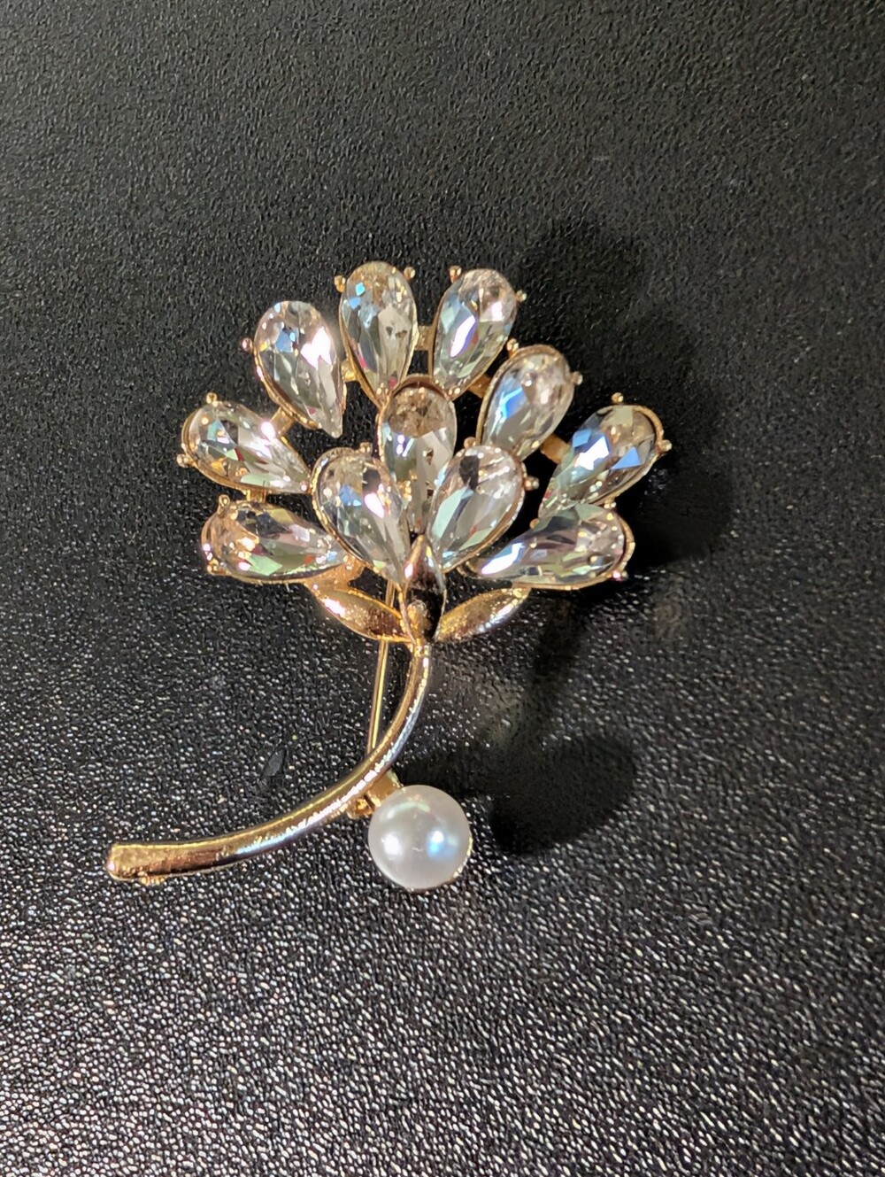 Gold-Tone Crystal Floral Brooch with Pearl Accent - Clear